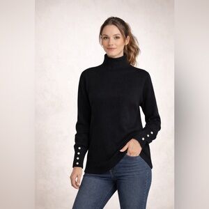 Tahari mock turtleneck black sweater rhinestone flower cuff embellishmen…